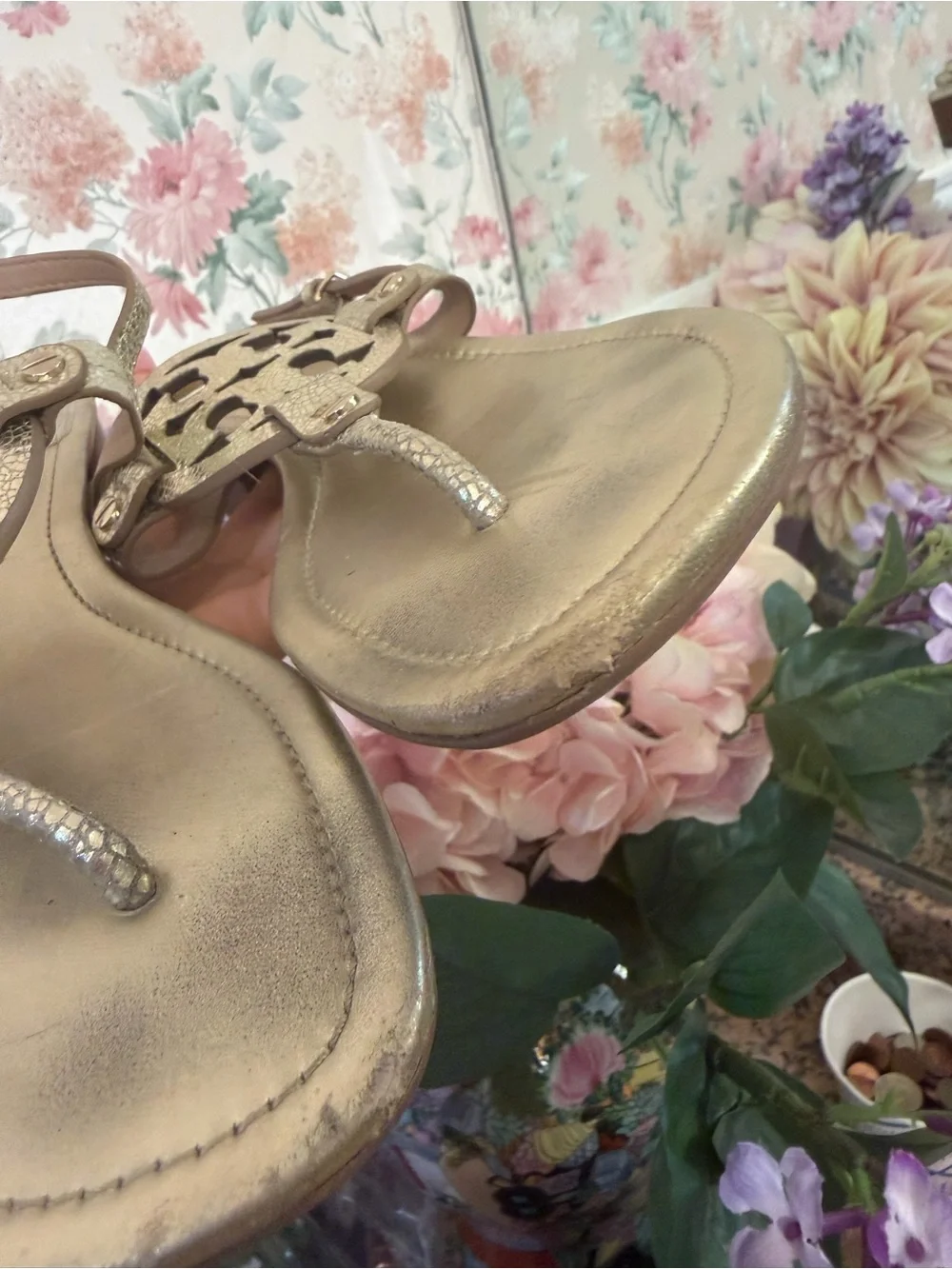 Tory Burch Metallic Gold Miller Logo Thong Sandals